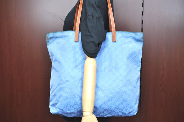 Authentic GUCCI Vintage Shoulder Tote Bag GG Nylon Leather 295252 Blue 9295H
