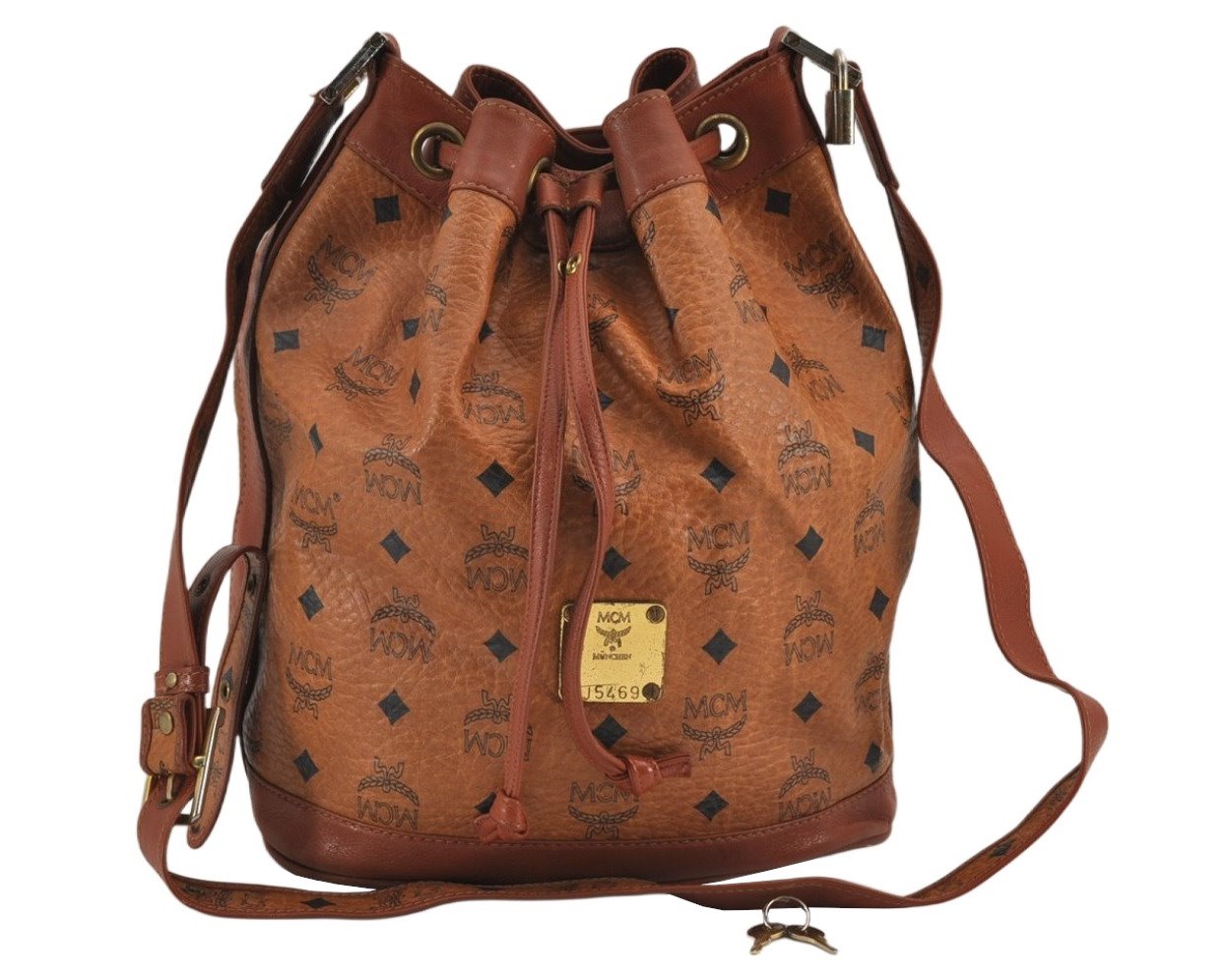 Authentic MCM Visetos Leather Vintage Shoulder Drawstring Bag Purse Brown 9299J