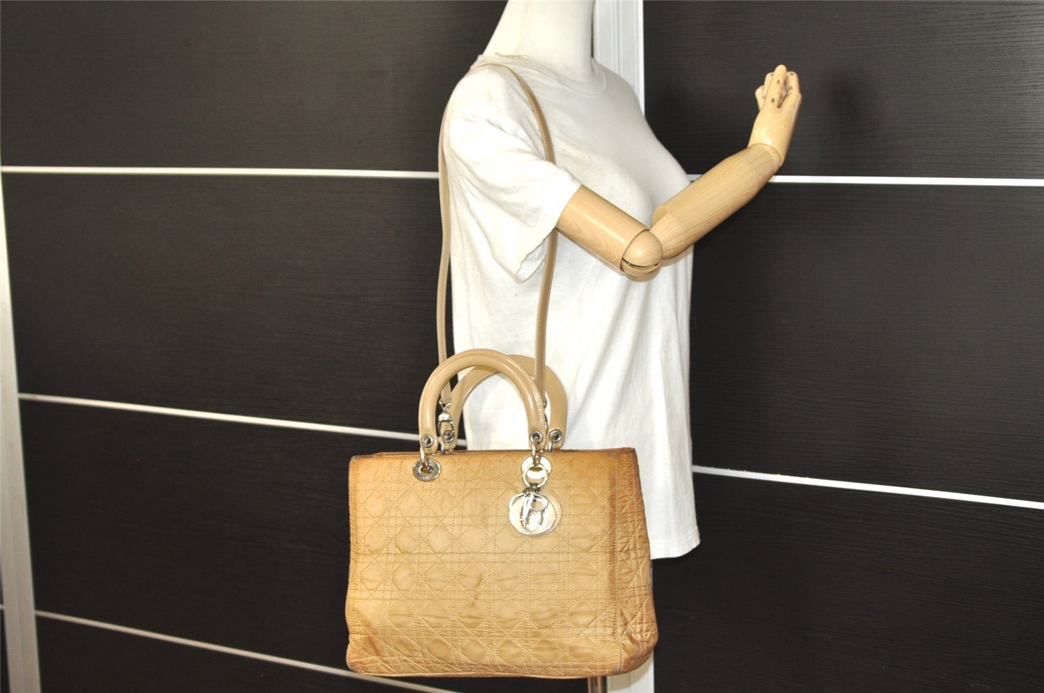 Auth Christian Dior Lady Dior Cannage Nylon Leather 2Way Hand Bag Beige 9305I