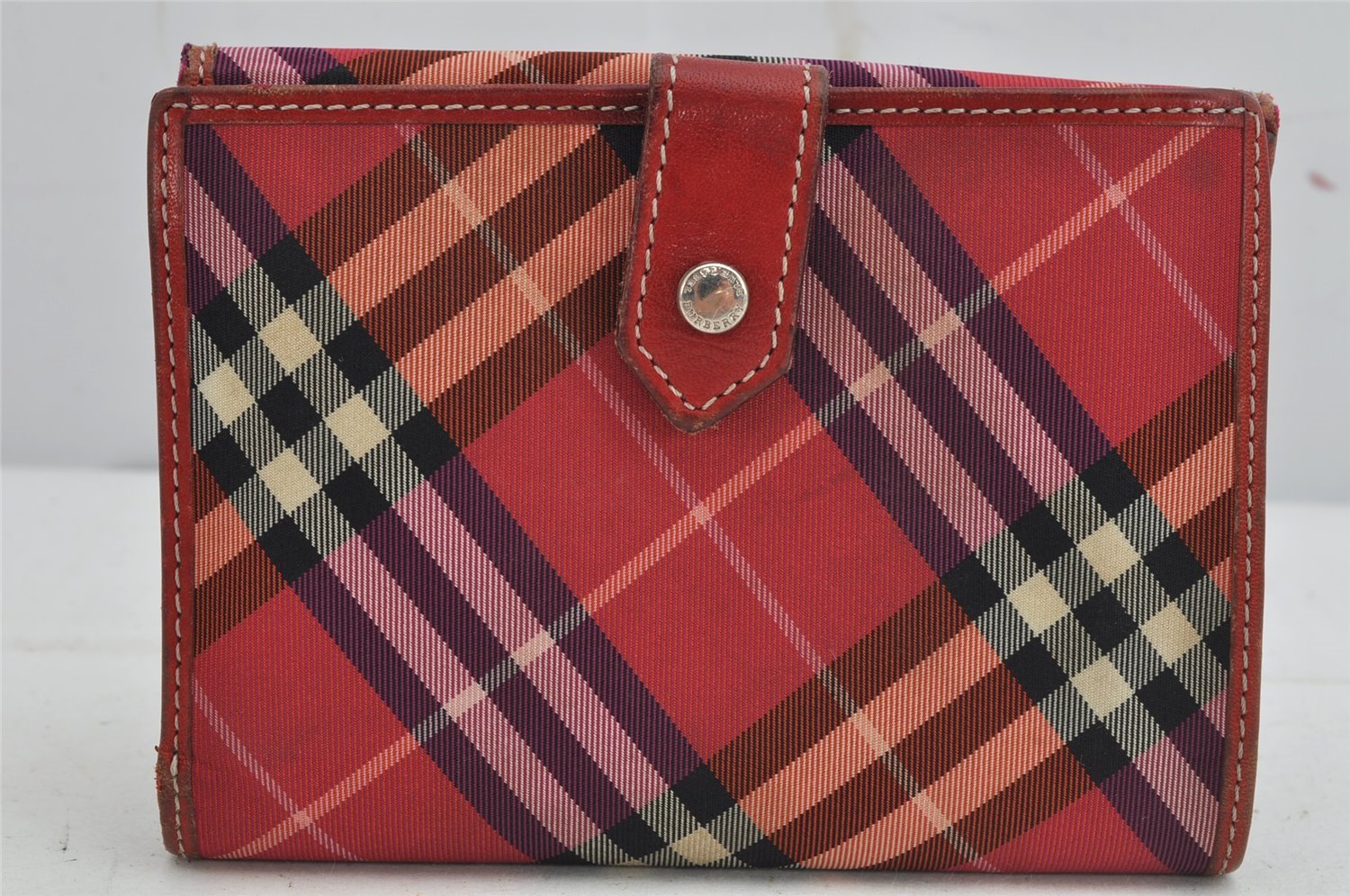 Authentic BURBERRY BLUE LABEL Check Bifold Wallet Purse Nylon Leather Red 9306J
