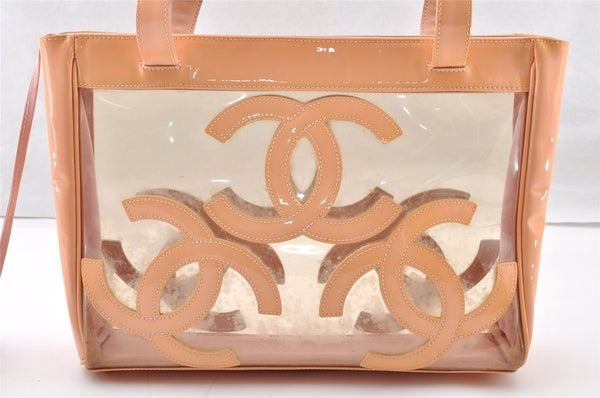 Authentic CHANEL Vinyl Enamel Triple Coco CC Logo Shoulder Tote Bag Beige 9309I