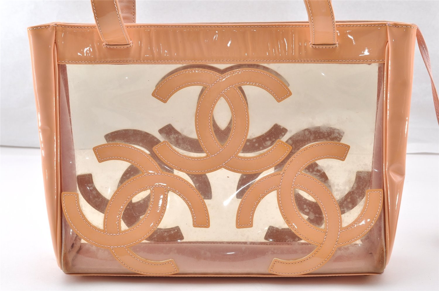 Authentic CHANEL Vinyl Enamel Triple Coco CC Logo Shoulder Tote Bag Beige 9309I