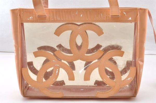 Authentic CHANEL Vinyl Enamel Triple Coco CC Logo Shoulder Tote Bag Beige 9309I