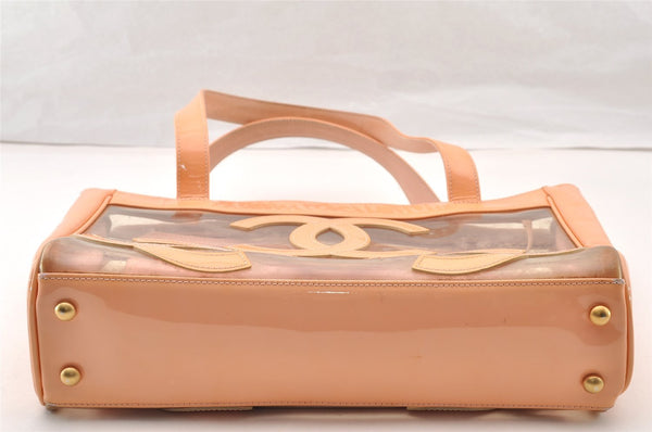 Authentic CHANEL Vinyl Enamel Triple Coco CC Logo Shoulder Tote Bag Beige 9309I