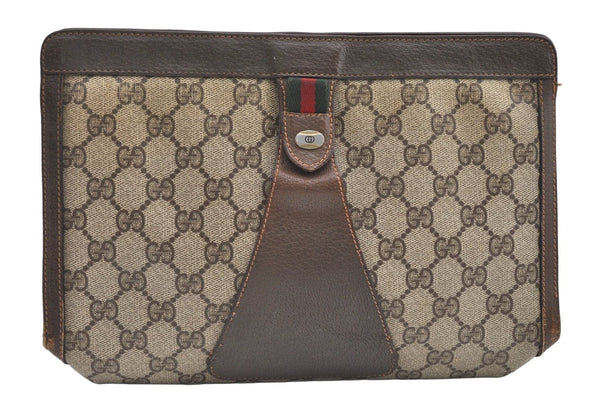 Authentic GUCCI Web Sherry Line Clutch Hand Bag Purse GG PVC Leather Brown 9311J