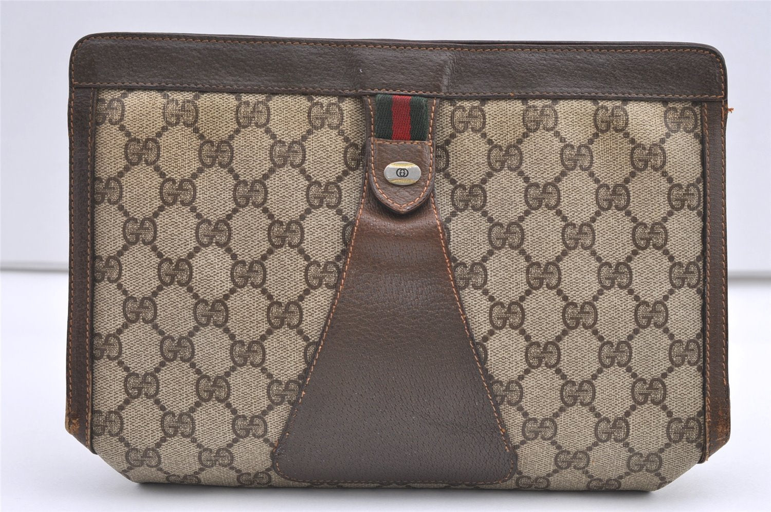 Authentic GUCCI Web Sherry Line Clutch Hand Bag Purse GG PVC Leather Brown 9311J