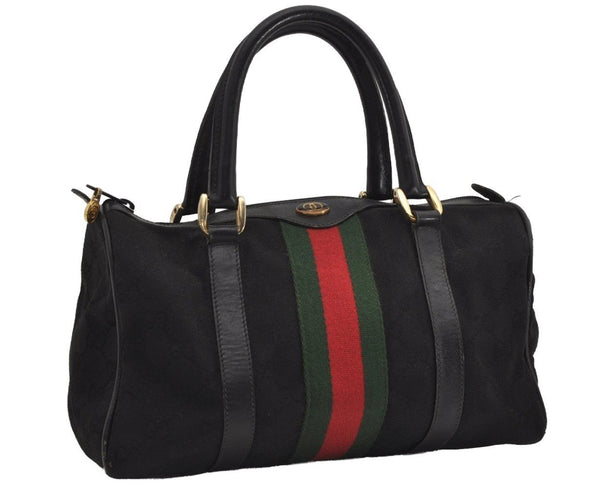 Authentic GUCCI Web Sherry Line Hand Boston Bag GG Canvas Leather Black 9315I