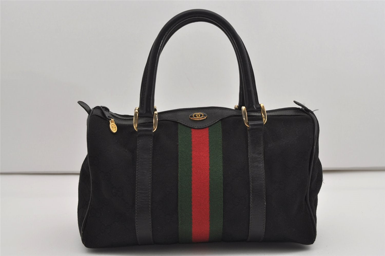 Authentic GUCCI Web Sherry Line Hand Boston Bag GG Canvas Leather Black 9315I
