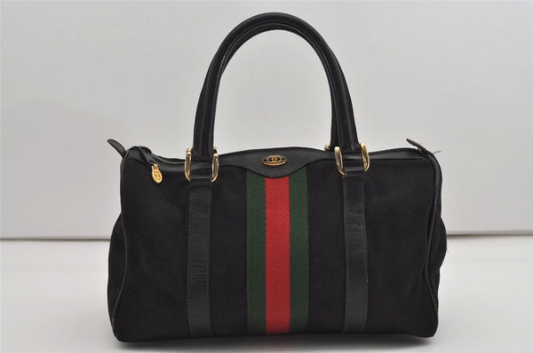 Authentic GUCCI Web Sherry Line Hand Boston Bag GG Canvas Leather Black 9315I