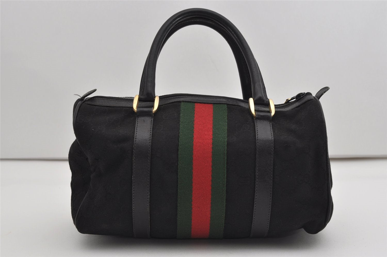 Authentic GUCCI Web Sherry Line Hand Boston Bag GG Canvas Leather Black 9315I