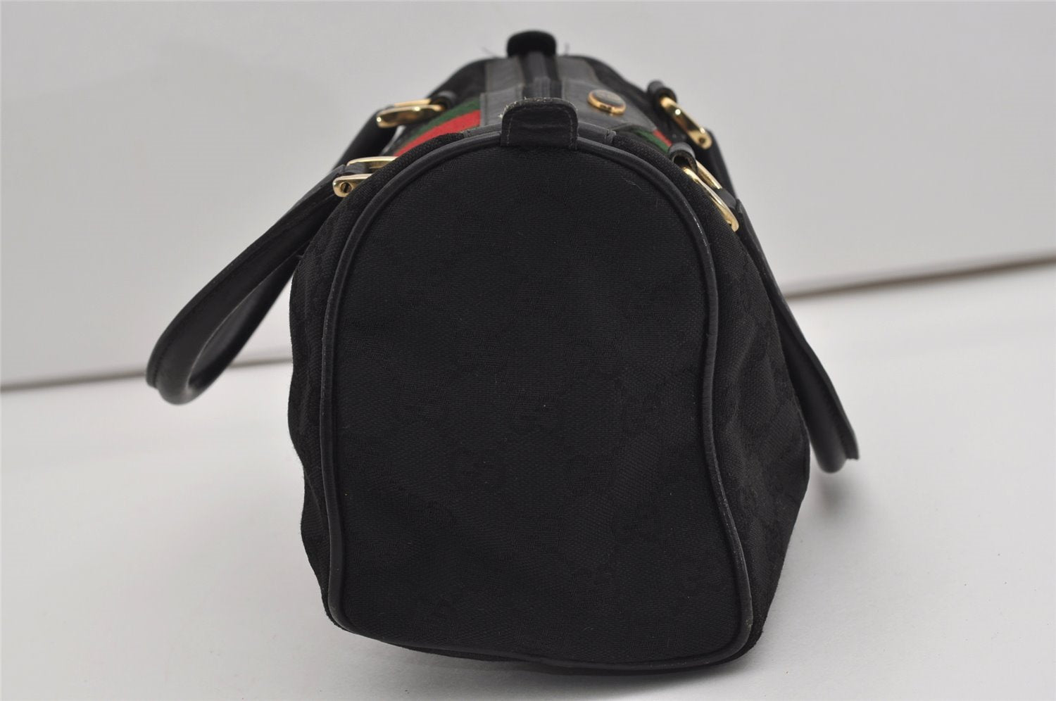 Authentic GUCCI Web Sherry Line Hand Boston Bag GG Canvas Leather Black 9315I