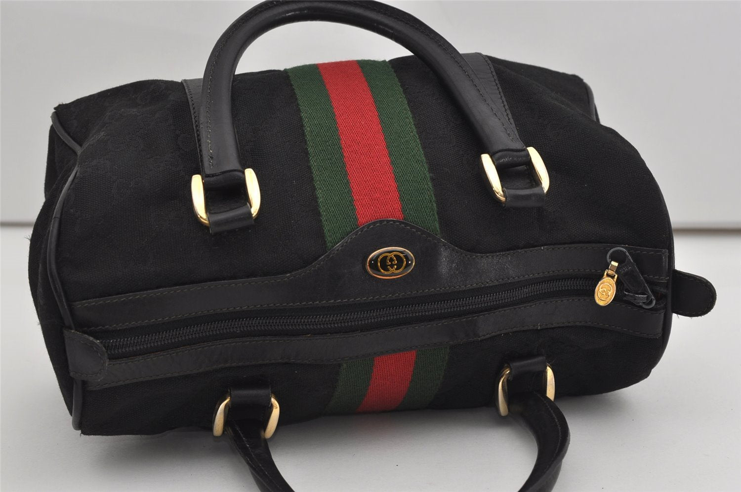 Authentic GUCCI Web Sherry Line Hand Boston Bag GG Canvas Leather Black 9315I