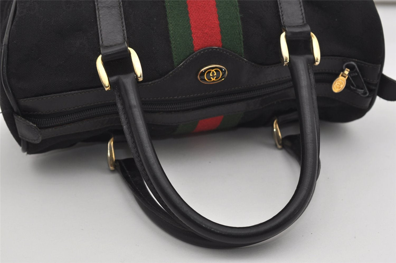 Authentic GUCCI Web Sherry Line Hand Boston Bag GG Canvas Leather Black 9315I