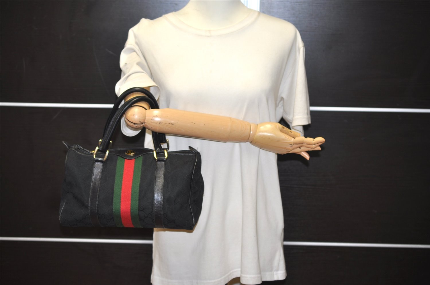 Authentic GUCCI Web Sherry Line Hand Boston Bag GG Canvas Leather Black 9315I