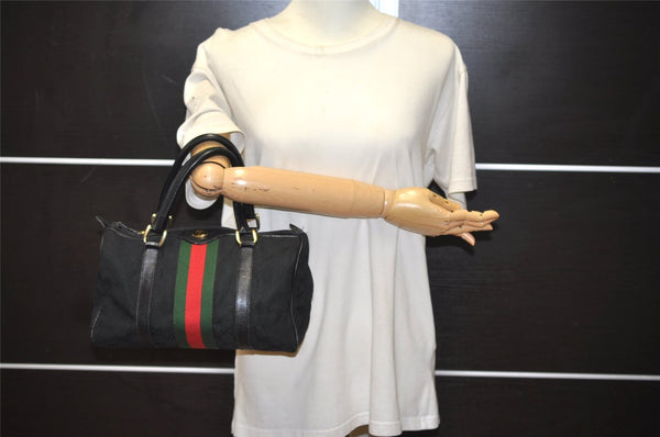 Authentic GUCCI Web Sherry Line Hand Boston Bag GG Canvas Leather Black 9315I
