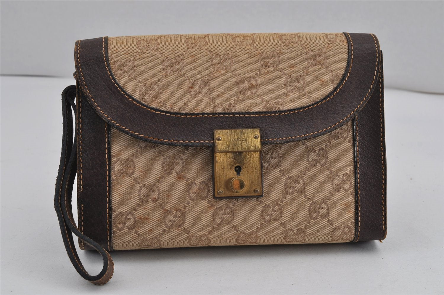 Authentic GUCCI Clutch Hand Bag Purse GG Canvas Leather Beige 9316J