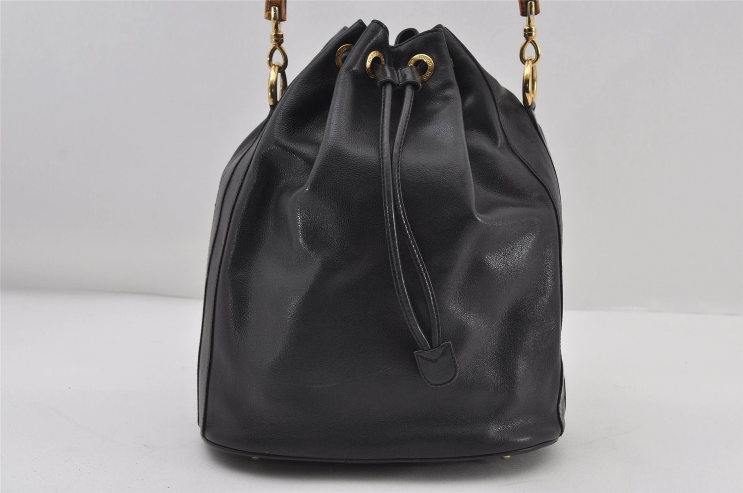 Authentic GUCCI Bamboo 2Way Shoulder Drawstring Bag Leather Black Junk 9319I