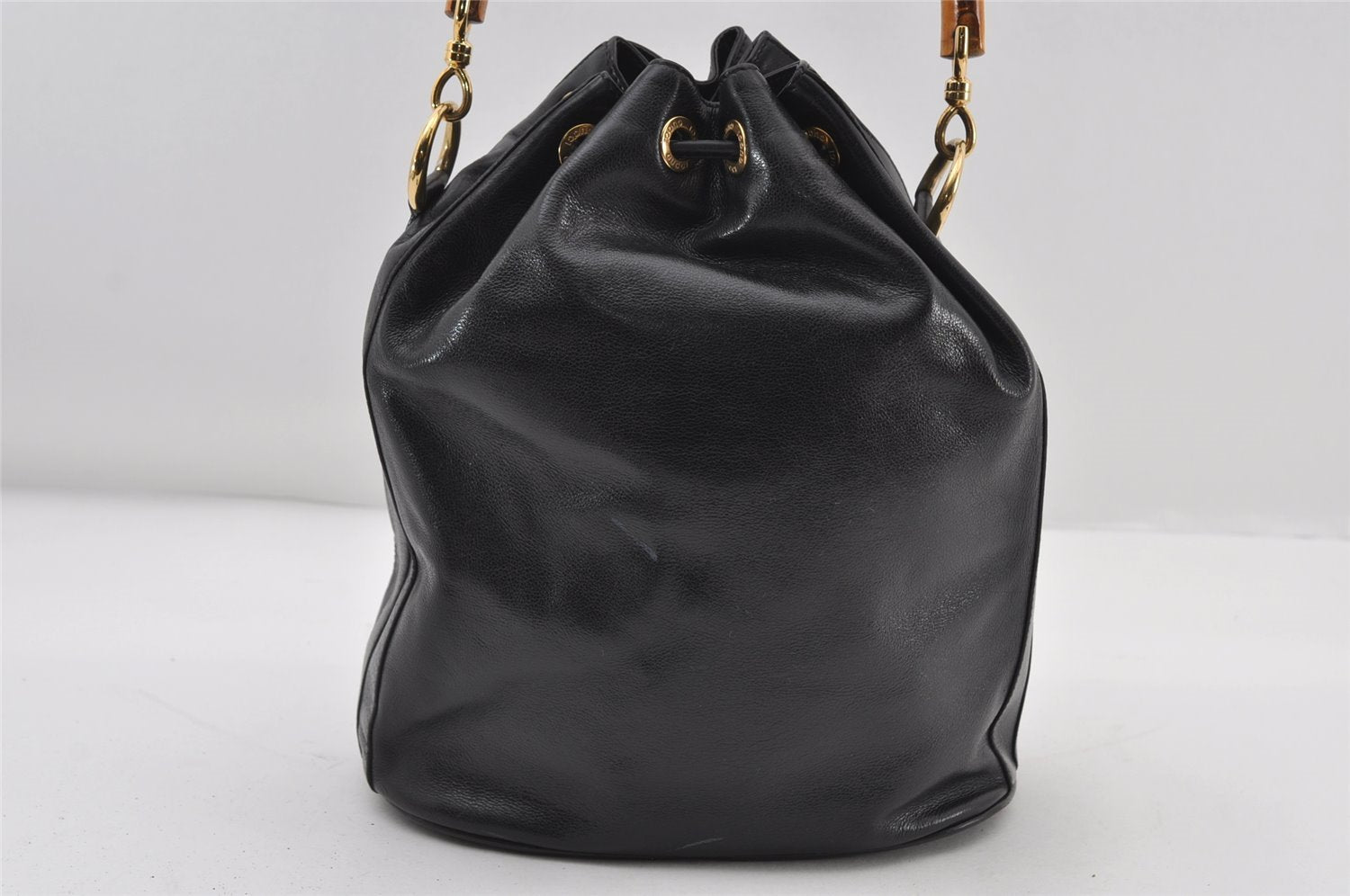 Authentic GUCCI Bamboo 2Way Shoulder Drawstring Bag Leather Black Junk 9319I