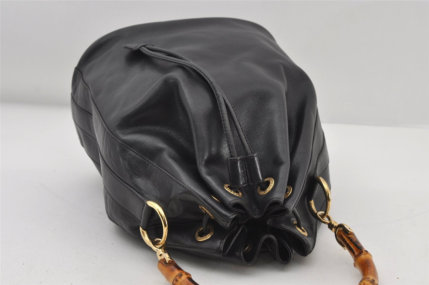Authentic GUCCI Bamboo 2Way Shoulder Drawstring Bag Leather Black Junk 9319I