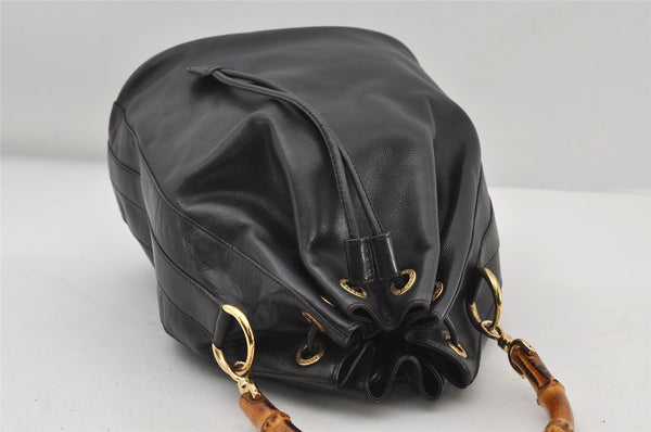 Authentic GUCCI Bamboo 2Way Shoulder Drawstring Bag Leather Black Junk 9319I