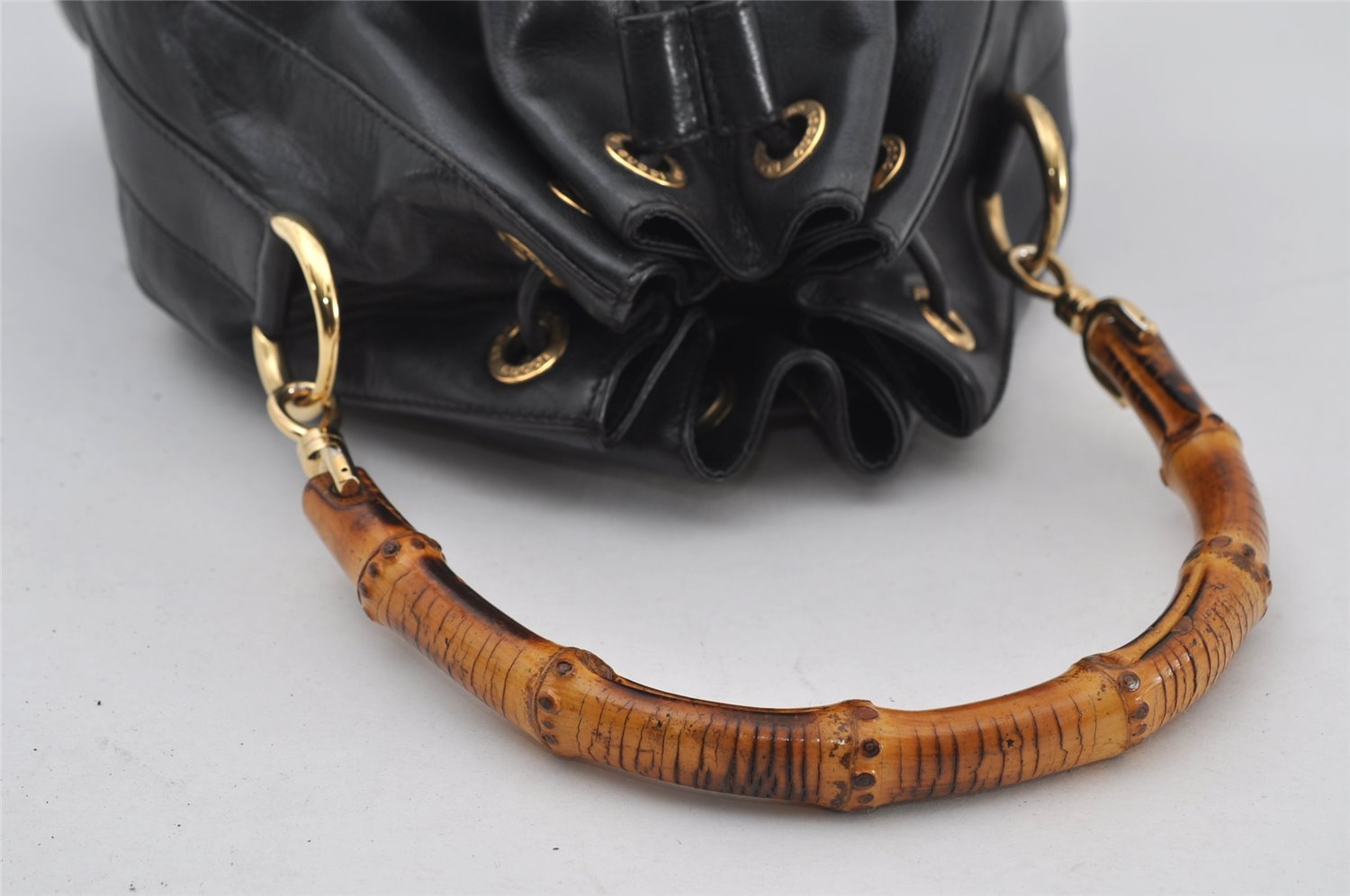 Authentic GUCCI Bamboo 2Way Shoulder Drawstring Bag Leather Black Junk 9319I