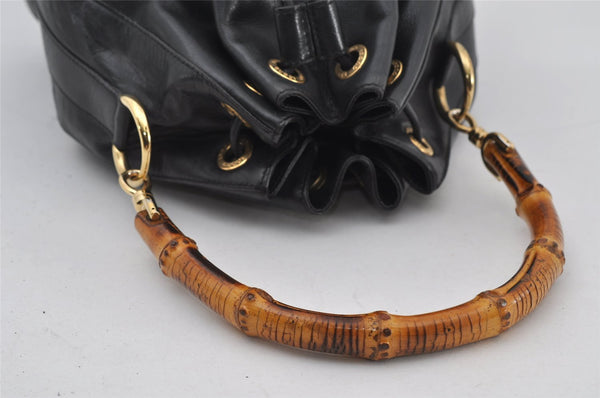 Authentic GUCCI Bamboo 2Way Shoulder Drawstring Bag Leather Black Junk 9319I