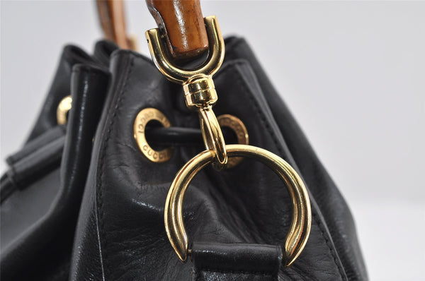 Authentic GUCCI Bamboo 2Way Shoulder Drawstring Bag Leather Black Junk 9319I