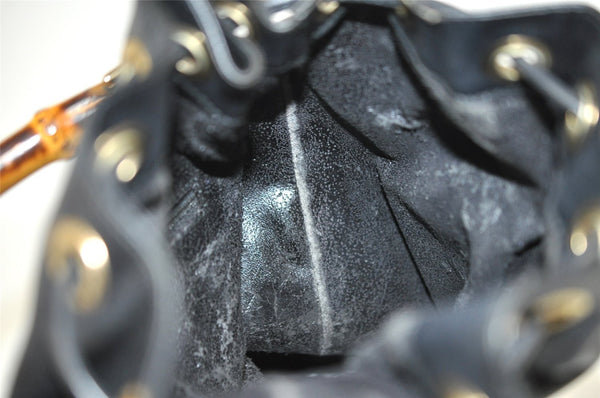 Authentic GUCCI Bamboo 2Way Shoulder Drawstring Bag Leather Black Junk 9319I