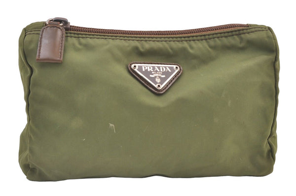 Authentic PRADA Vintage Nylon Tessuto Leather Pouch Purse Green 9321J
