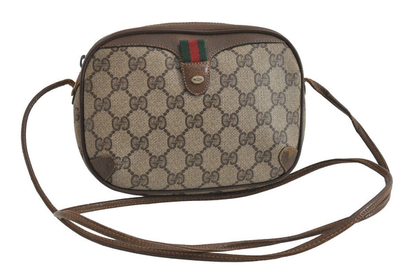 Authentic GUCCI Web Sherry Line Shoulder Bag GG PVC Leather Brown Junk 9322I