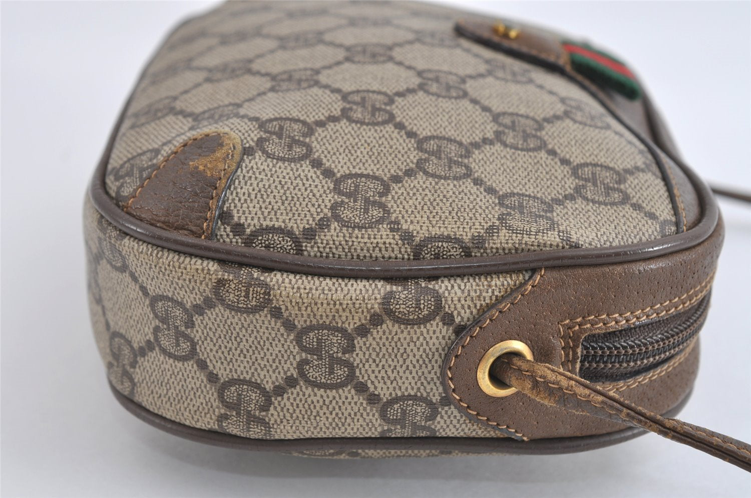 Authentic GUCCI Web Sherry Line Shoulder Bag GG PVC Leather Brown Junk 9322I
