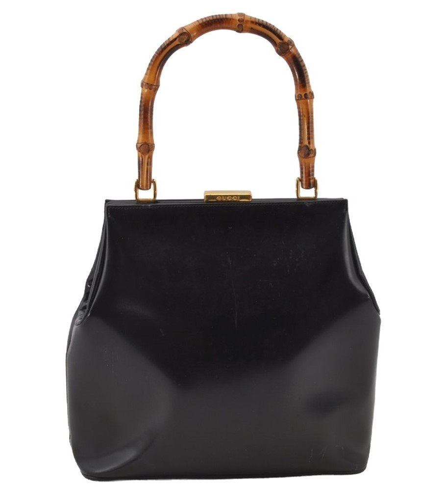 Authentic GUCCI Vintage Bamboo Shoulder Bag Purse Leather Black Junk 9325I