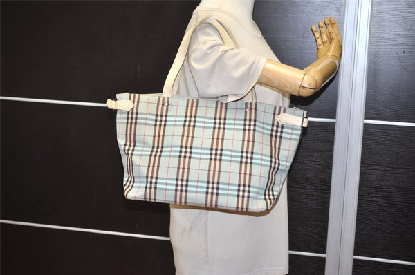 Authentic BURBERRY BLUE LABEL Check Tote Bag Canvas Leather Light Blue 9326J