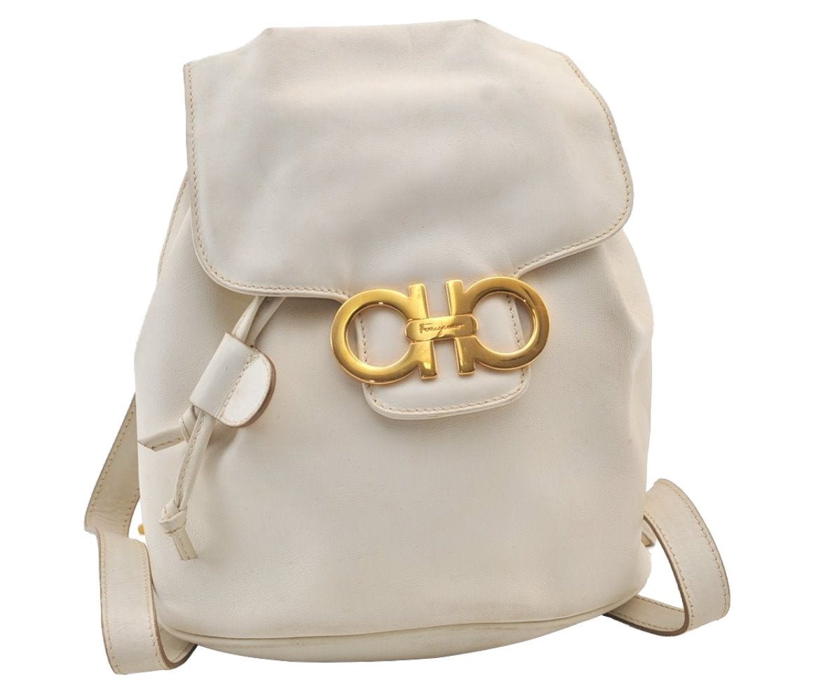 Authentic Salvatore Ferragamo Vintage Gancini Backpack Purse Leather White 9327J