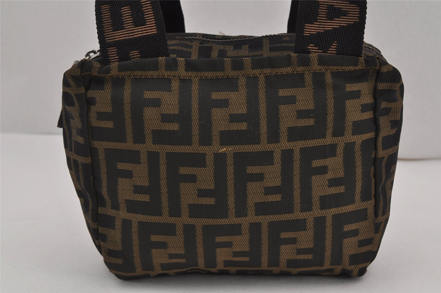 Authentic FENDI Vintage Zucca Hand Bag Purse Nylon Leather Brown 9329J