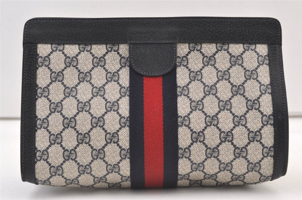 Authentic GUCCI Sherry Line Clutch Hand Bag GG PVC Leather Navy Blue Junk 9331J
