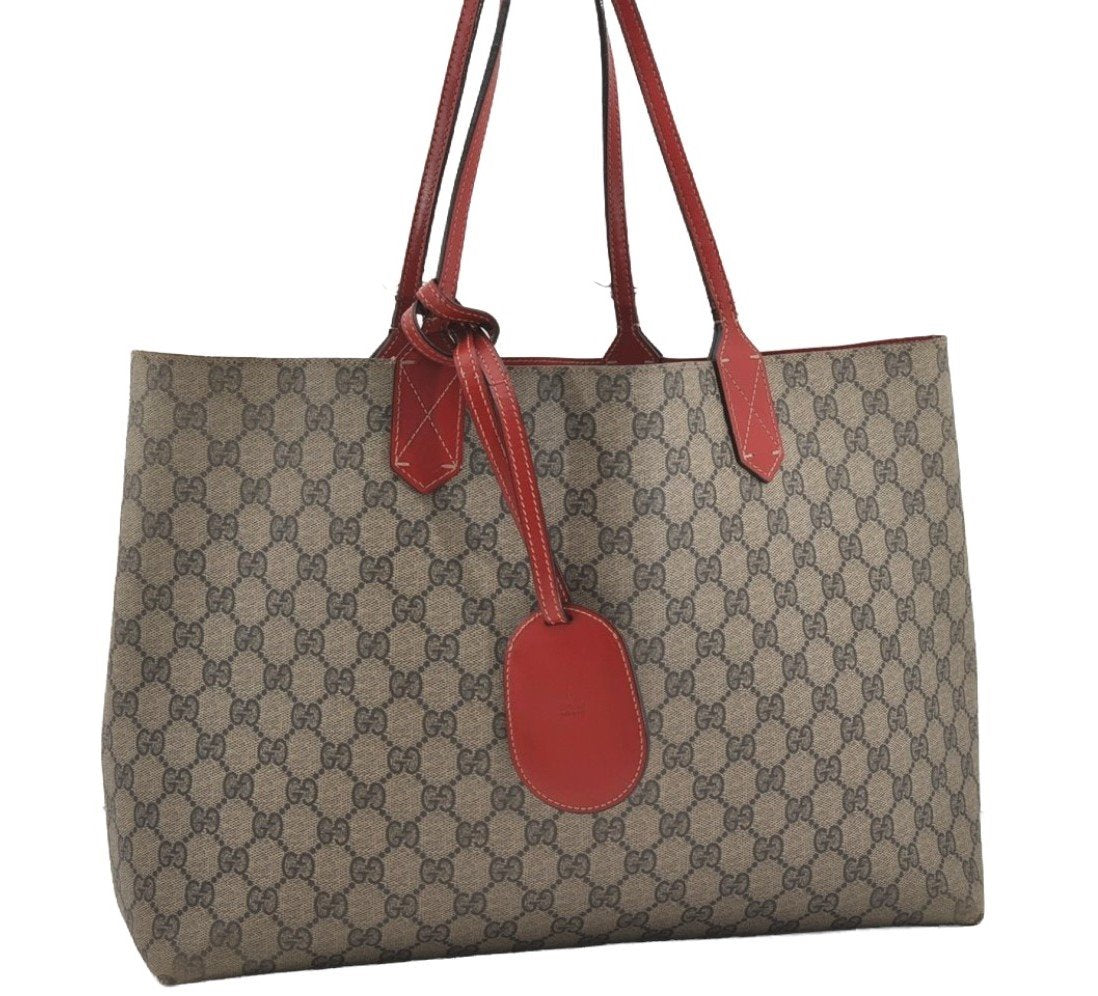 Authentic GUCCI Reversible Shoulder Tote Bag GG PVC Leather Brown Red Junk 9333I