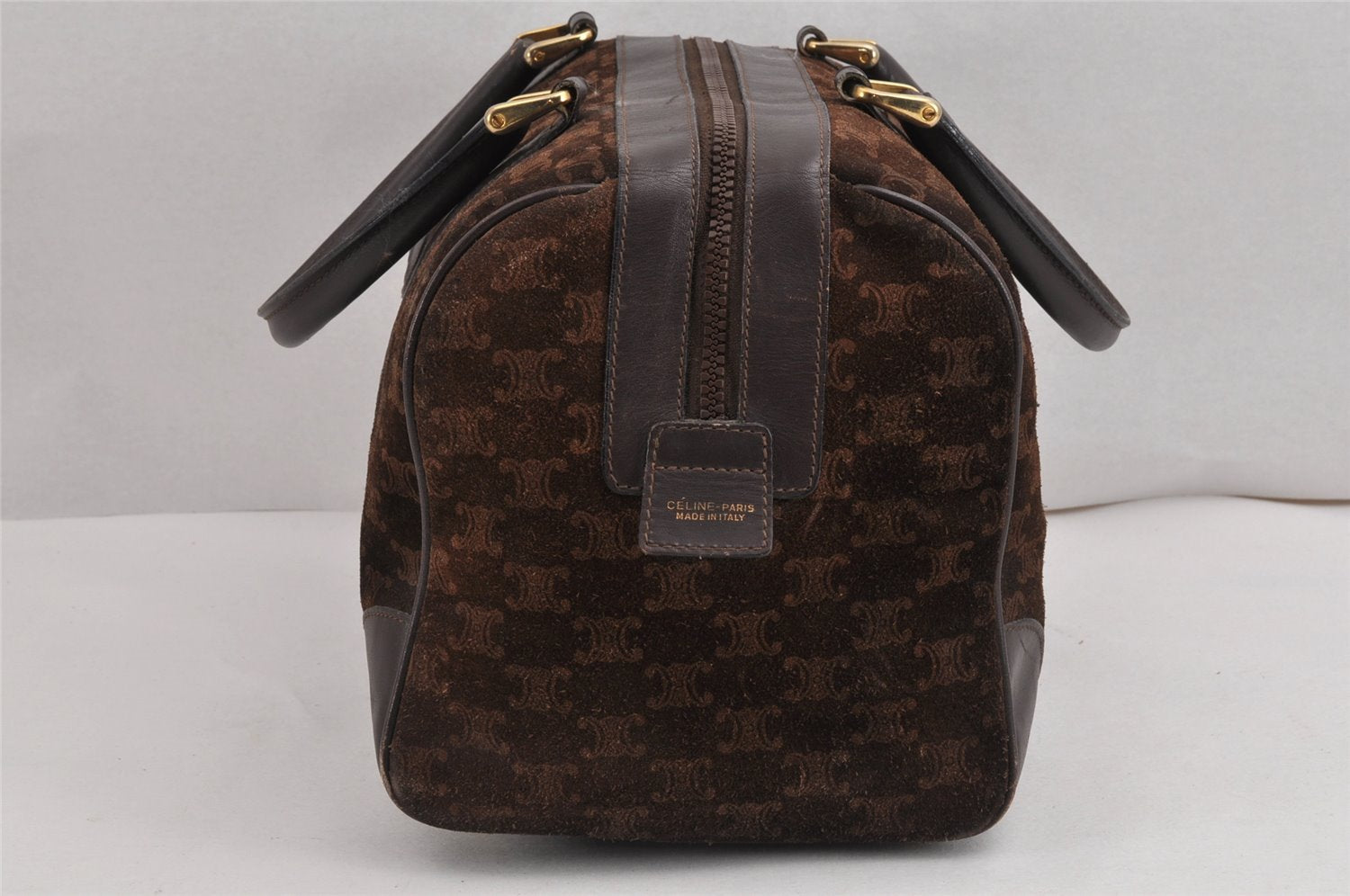 Authentic CELINE Macadam Blason Hand Boston Bag Suede Leather Brown 9333J