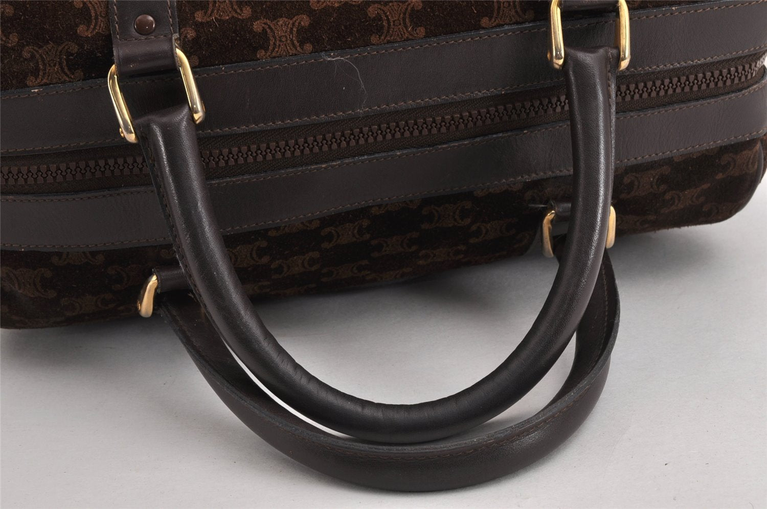 Authentic CELINE Macadam Blason Hand Boston Bag Suede Leather Brown 9333J