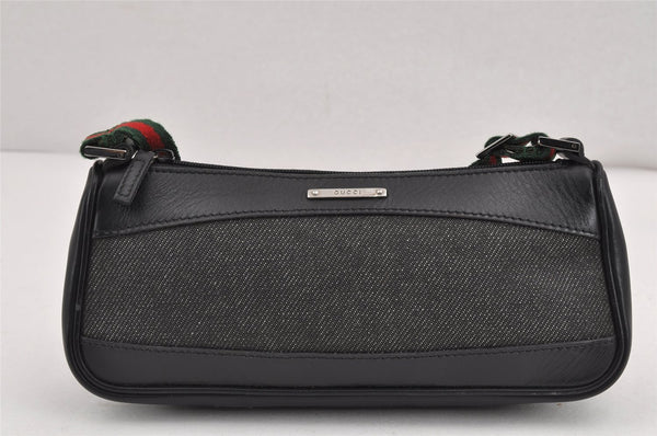 Authentic GUCCI Web Sherry Line Hand Bag Pouch Canvas Leather 92820 Black 9340J