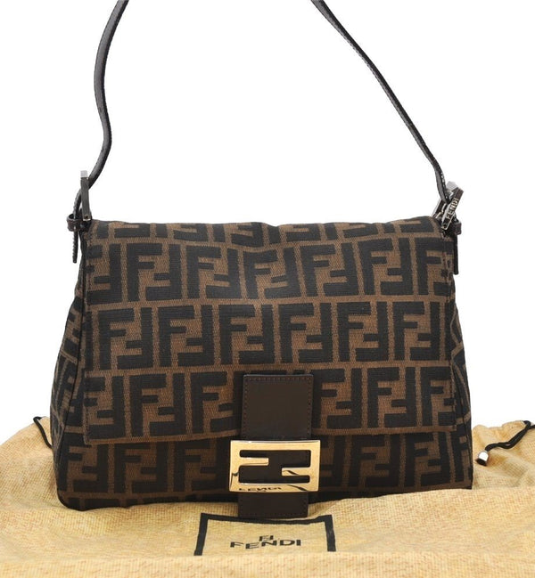 Authentic FENDI Zucca Mamma Baguette Shoulder Bag Canvas Leather Brown 9346I