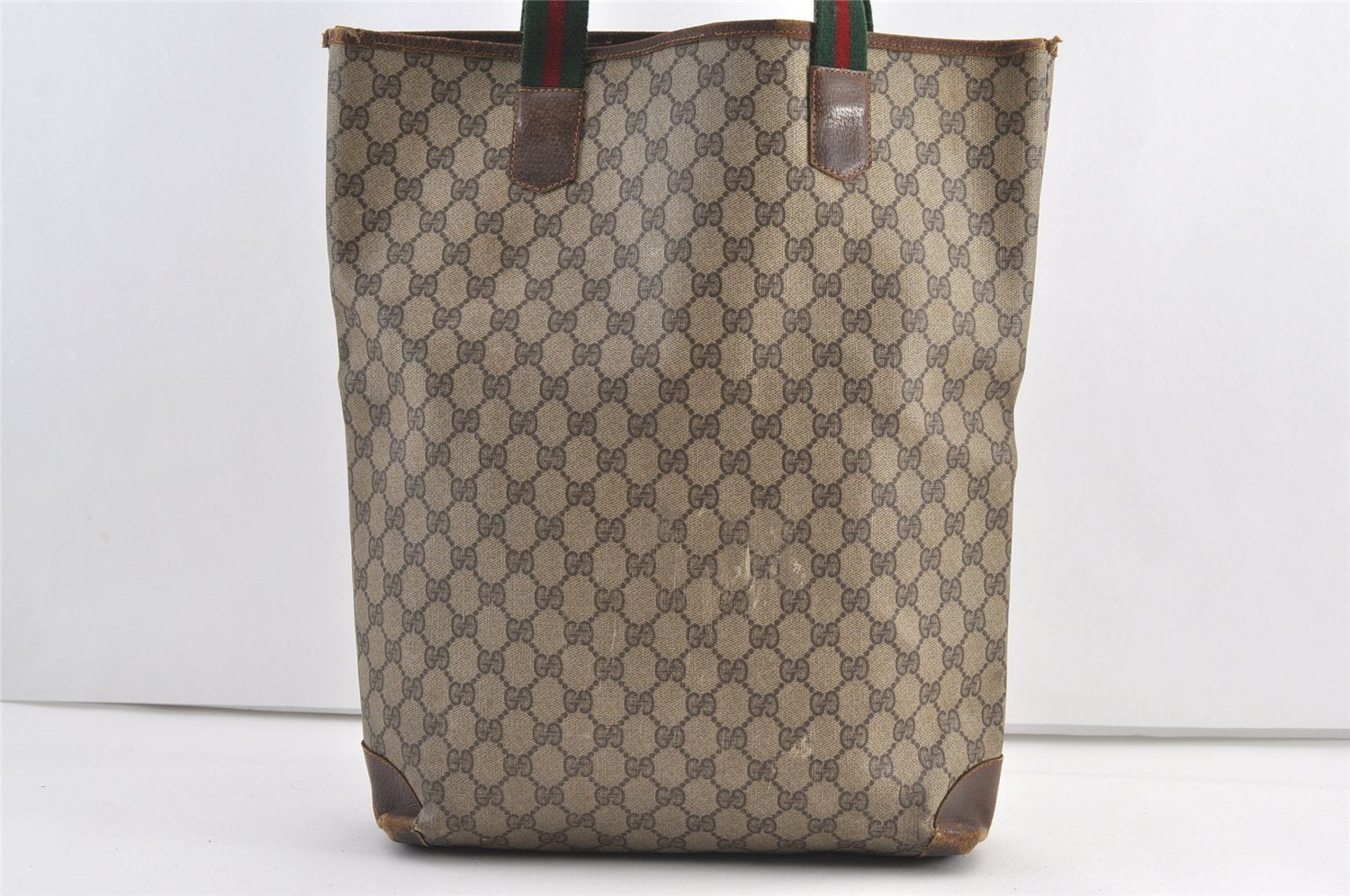 Authentic GUCCI Web Sherry Line Shoulder Tote Bag GG PVC Leather Brown 9360J