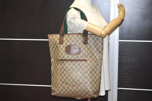 Authentic GUCCI Web Sherry Line Shoulder Tote Bag GG PVC Leather Brown 9360J