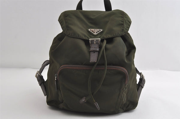 Authentic PRADA Vintage Nylon Tessuto Leather Backpack Khaki Green 9361I