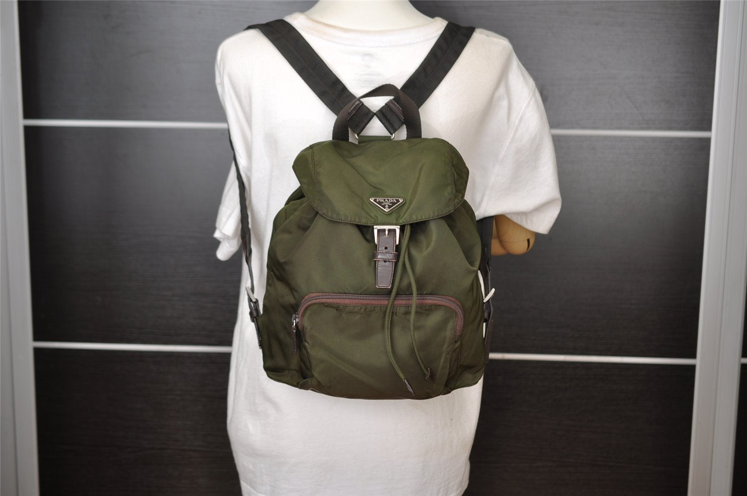 Authentic PRADA Vintage Nylon Tessuto Leather Backpack Khaki Green 9361I