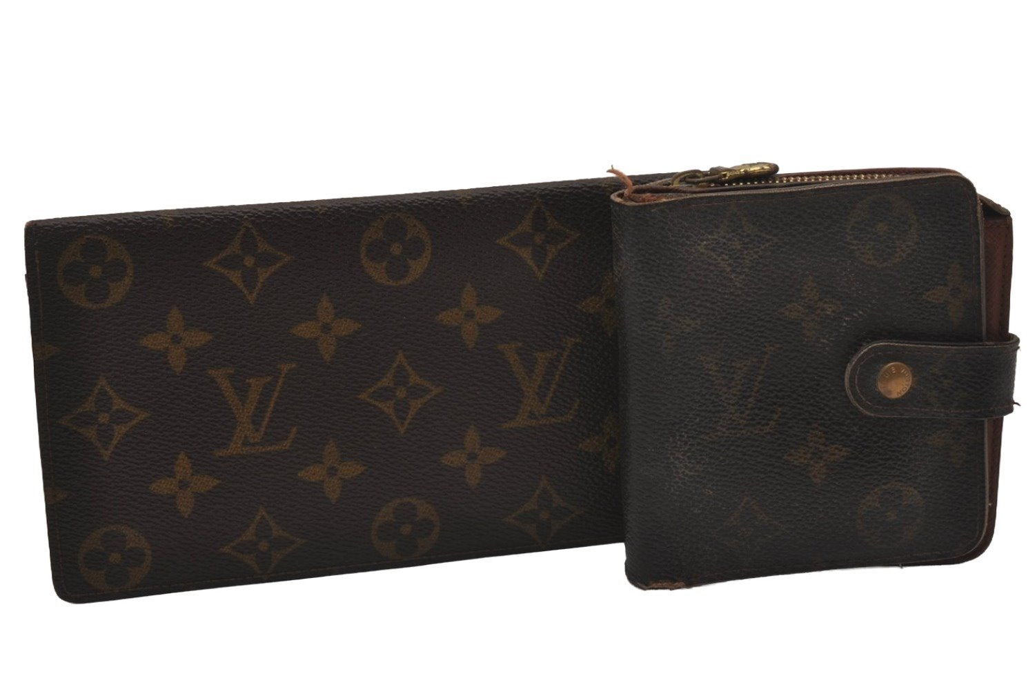 Authentic Louis Vuitton Monogram Bifold Long Wallet Purse 2Set Brown LV 9366I