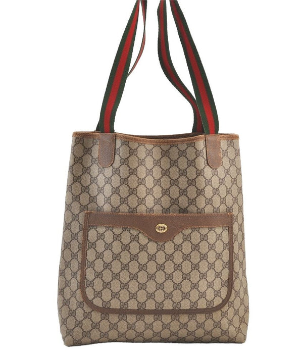 Authentic GUCCI Web Sherry Line Shoulder Tote Bag GG PVC Leather Brown 9366J