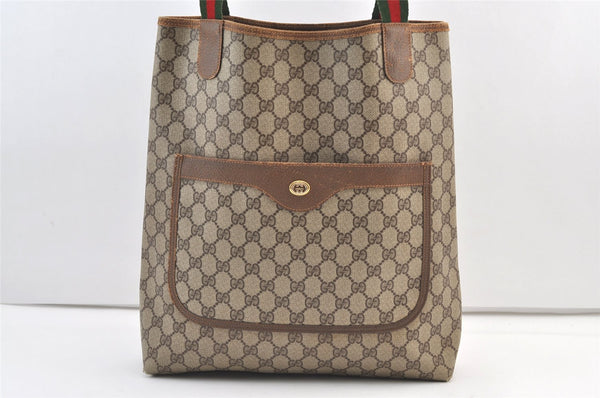 Authentic GUCCI Web Sherry Line Shoulder Tote Bag GG PVC Leather Brown 9366J