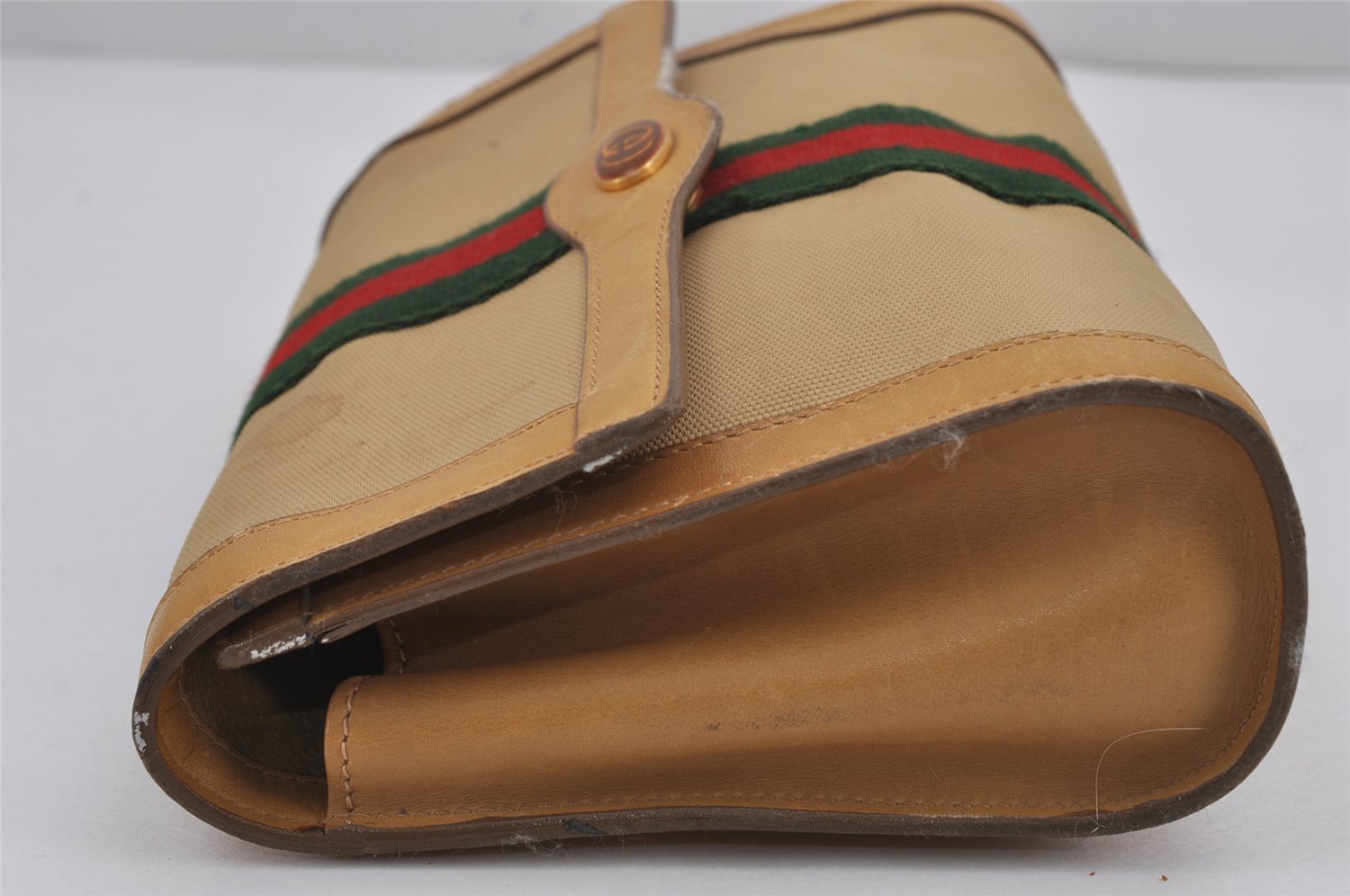 Authentic GUCCI Web Sherry Line Clutch Hand Bag Purse Canvas Leather Beige 9374J