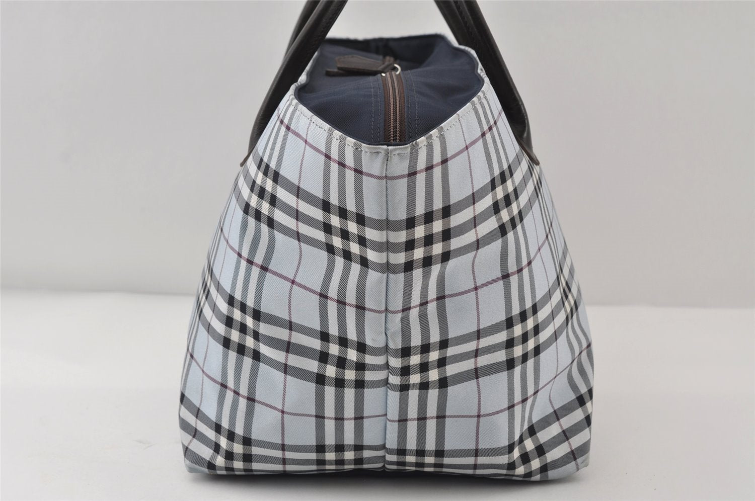 Authentic BURBERRY BLUE LABEL Check Tote Bag Nylon Leather Light Blue 9378I